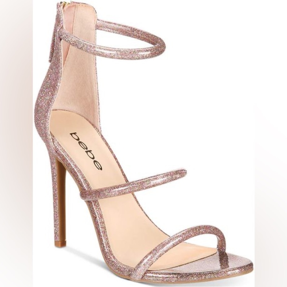 Bebe Berdine G Ankle Strap Sandals Pink Glitter Stiletto Heels Zipper Jelly